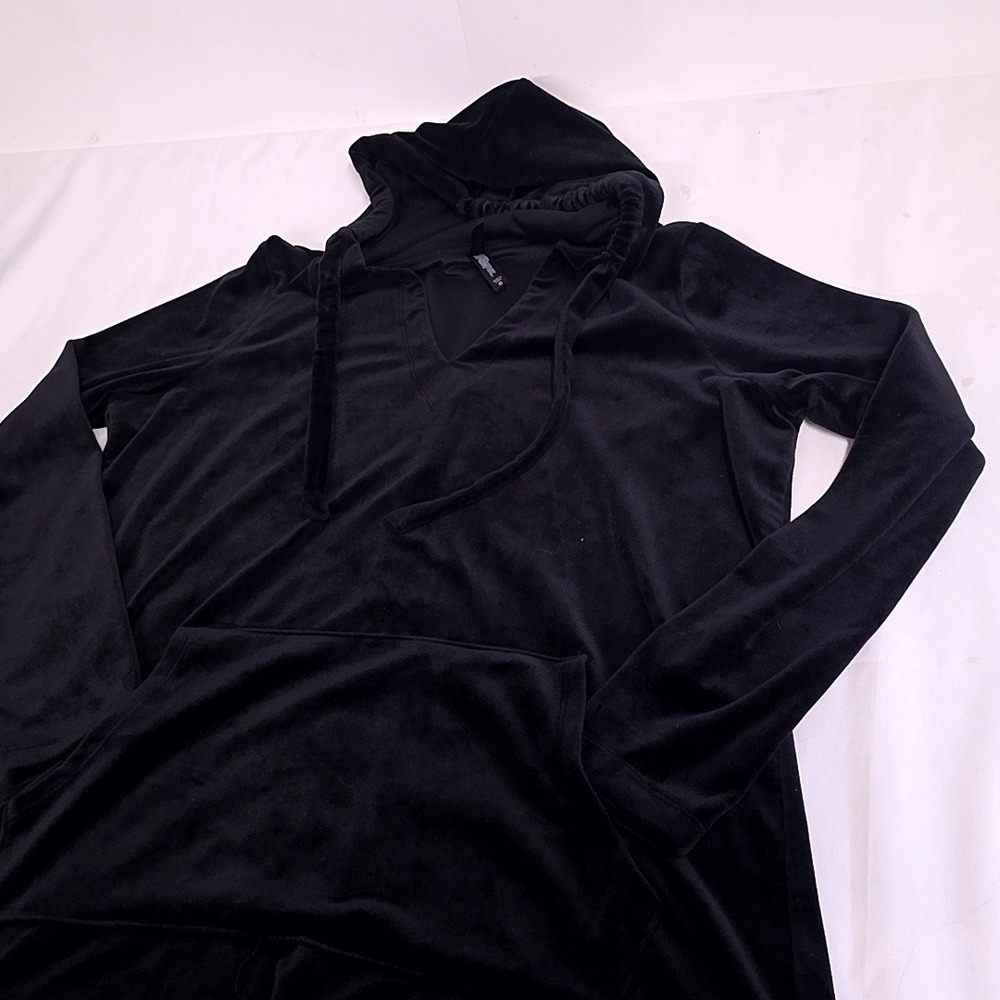 Torrid Sleep Dress Womens 0 Black Velour Hooded V-Neck Kangaroo Pocket Sleepwear
